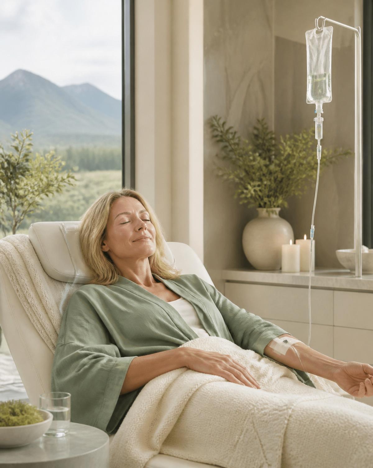 Woman relaxing during IV therapy in a bright modern med spa, representing Ultimate You wellness and hormone care
